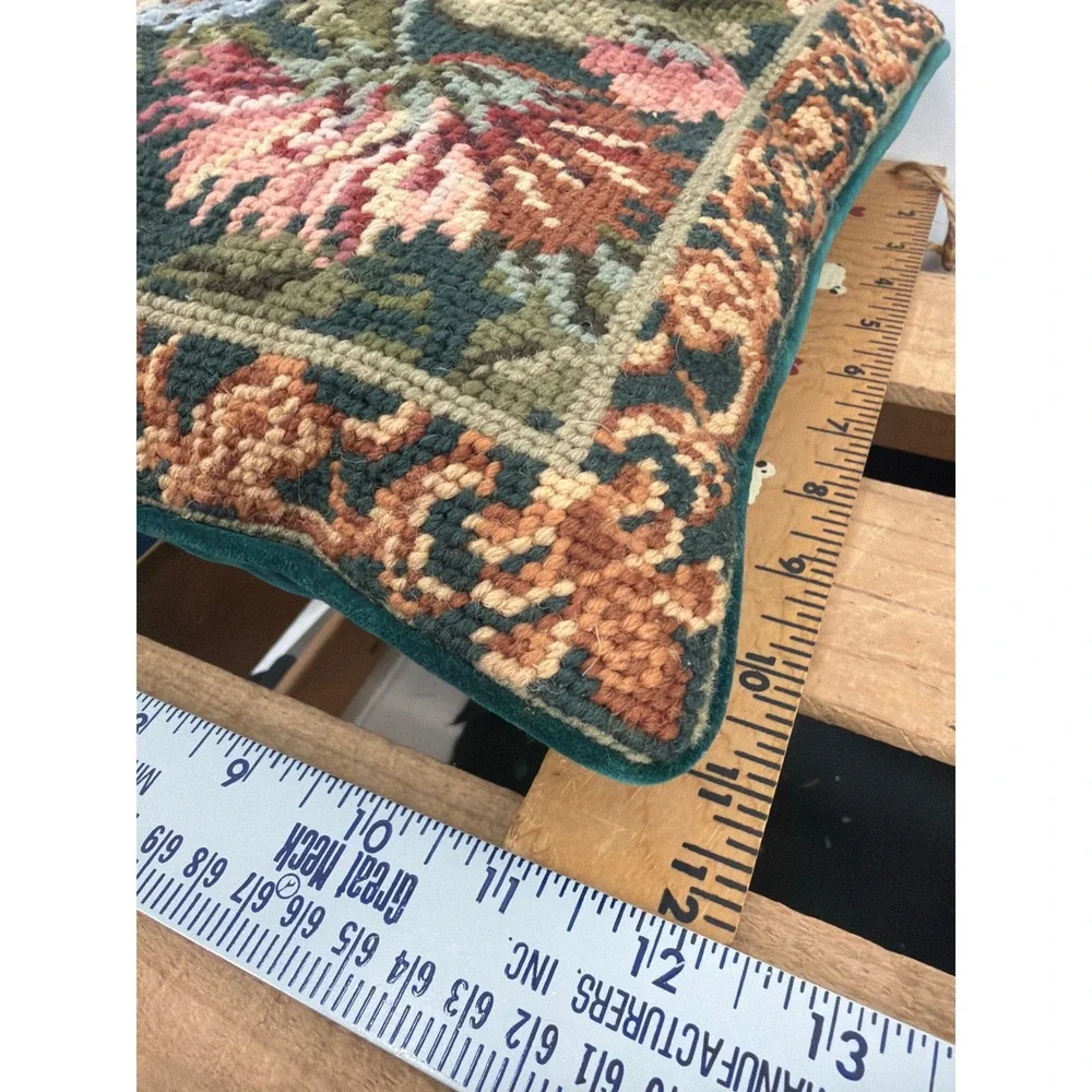 Vintage Floral Needlepoint Wool Throw Pillow Teal Velvet Back 12x12 Boho Decor